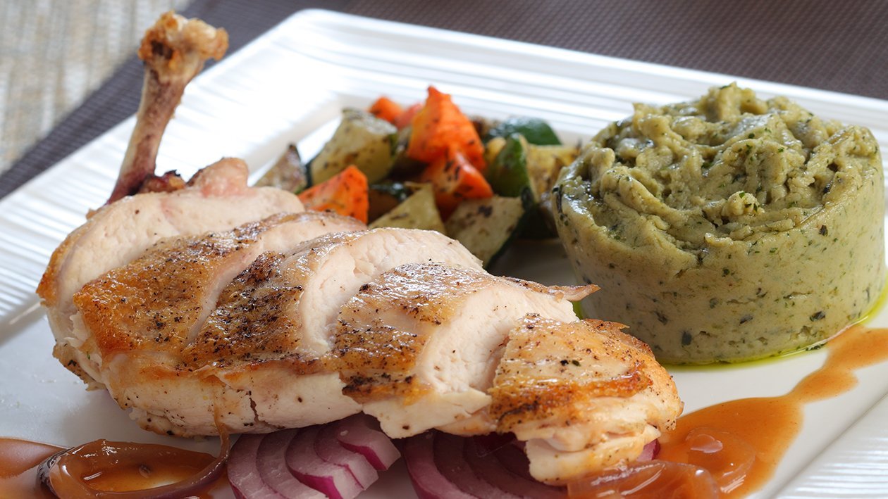 Roasted Chicken Pesto Mashed Potato Red Onion Gravy