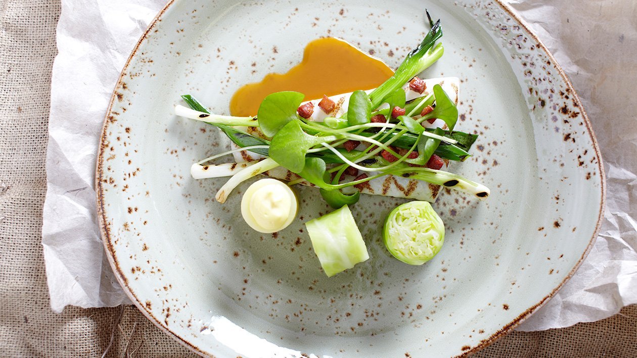 Grilled Fillet of Brill With Beef Bacon and Cabbage