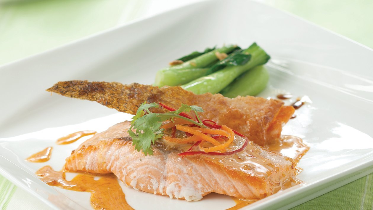 Panfried Salmon Crispy Skin, Stirfried Baby Bokchoy and Curry Mayo