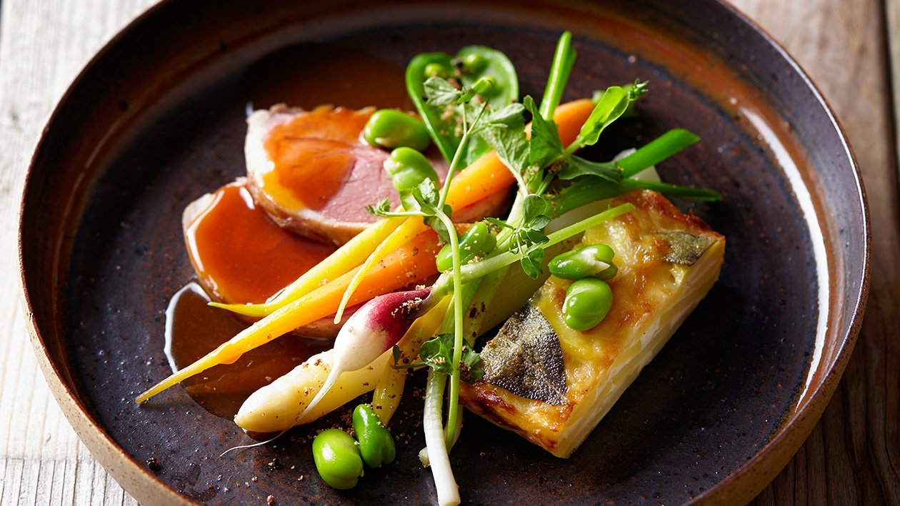 Lamb Rump with Malaga and Potato Pie with Sage