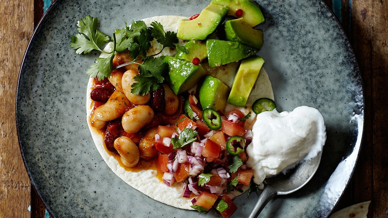 Tortilla with Beans, Avocado, Salsa and Sour Cream